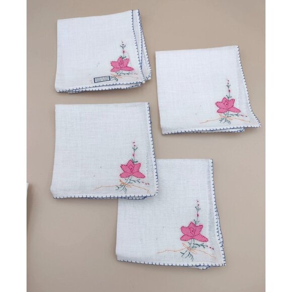 Vintage Hand-Embroidered Linen Napkins Handkerchief Floral Patterns Set Of 12 - Picture 2 of 14